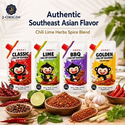 Southeast Asian Chili Dip Seasoning Powder | 4 Flavors — Classic · Lime · BBQ · Golden | OEM Private Label | 100g
