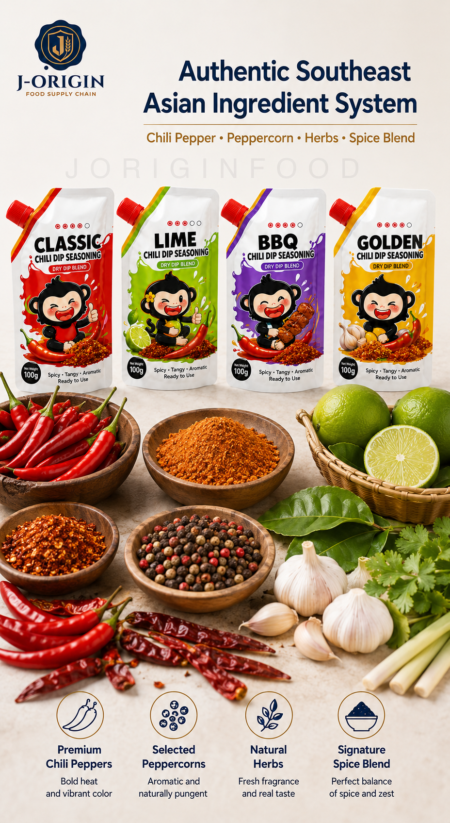 Southeast Asian Chili Dip Seasoning Powder | 4 Flavors — Classic · Lime · BBQ · Golden | OEM Private Label | 100g