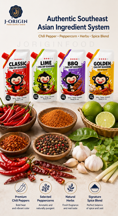 Southeast Asian Chili Dip Seasoning Powder | 4 Flavors — Classic · Lime · BBQ · Golden | OEM Private Label | 100g