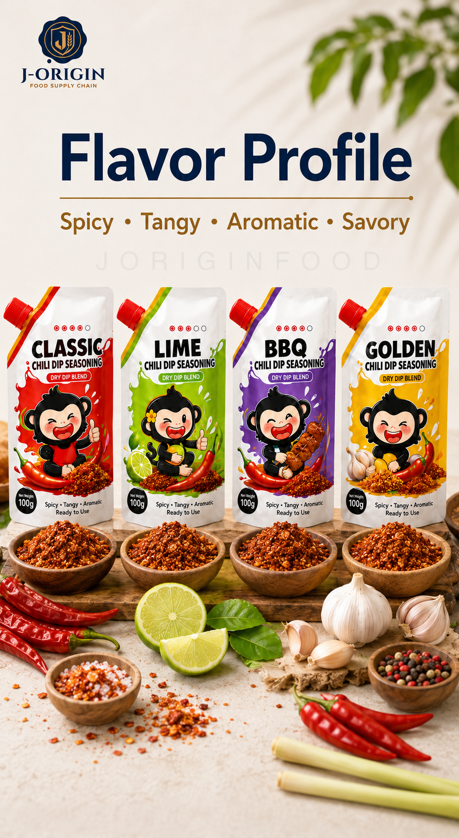 Southeast Asian Chili Dip Seasoning Powder | 4 Flavors — Classic · Lime · BBQ · Golden | OEM Private Label | 100g