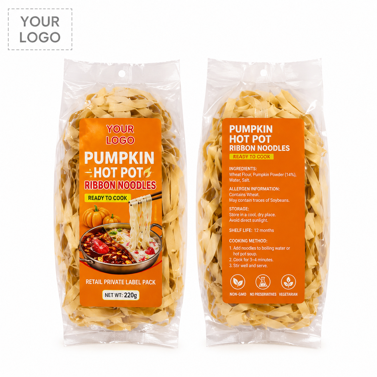 Pumpkin Hot Pot Ribbon Noodles — 220g Retail Bag | OEM Private Label