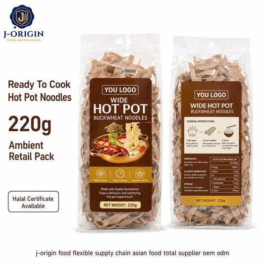 Wide Hot Pot Buckwheat Noodles | OEM Private Label | 220g Retail Pack | Halal | Ambient