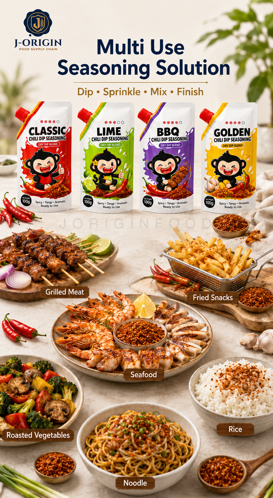 Southeast Asian Chili Dip Seasoning Powder | 4 Flavors — Classic · Lime · BBQ · Golden | OEM Private Label | 100g