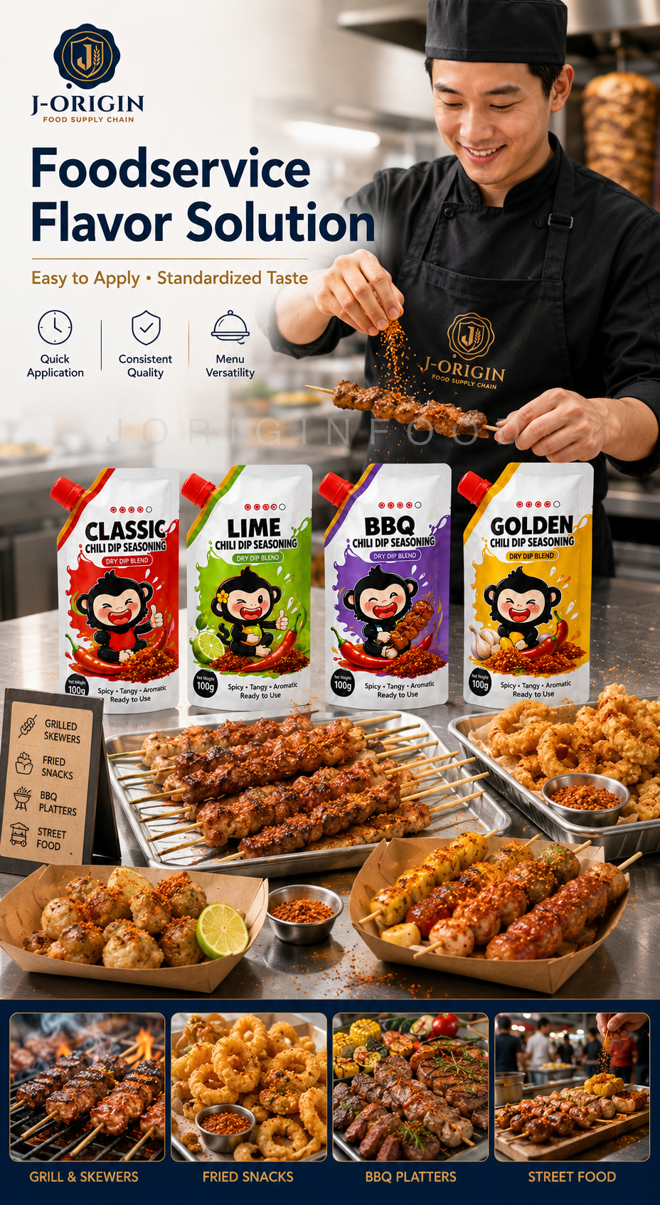 Southeast Asian Chili Dip Seasoning Powder | 4 Flavors — Classic · Lime · BBQ · Golden | OEM Private Label | 100g