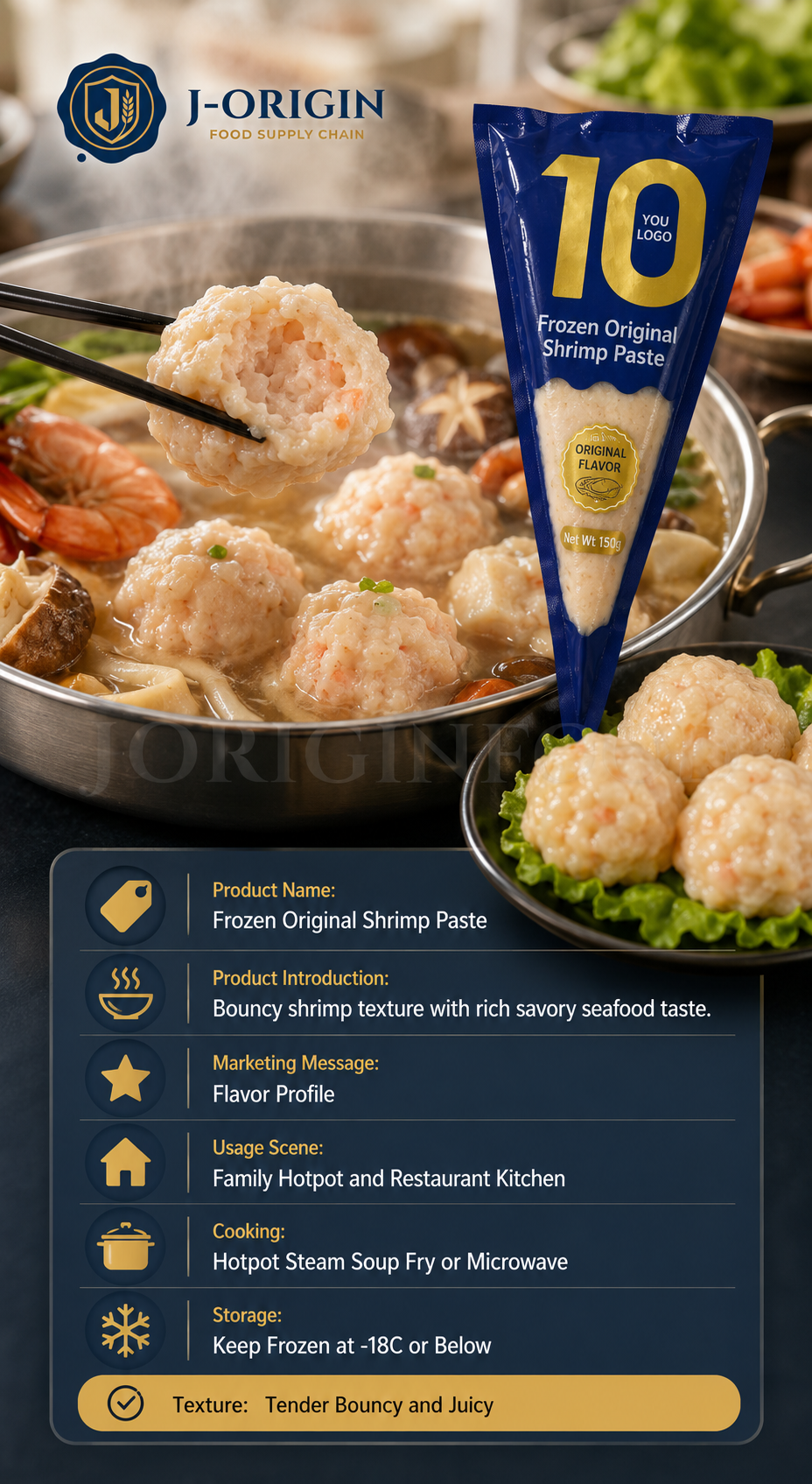 Frozen Shrimp Paste Original Flavor | Hotpot Seafood | Retail Pack & Foodservice Bulk Supply | OEM Private Label | 150g / 500g