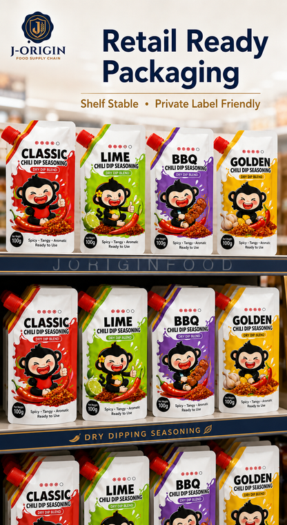 Southeast Asian Chili Dip Seasoning Powder | 4 Flavors — Classic · Lime · BBQ · Golden | OEM Private Label | 100g