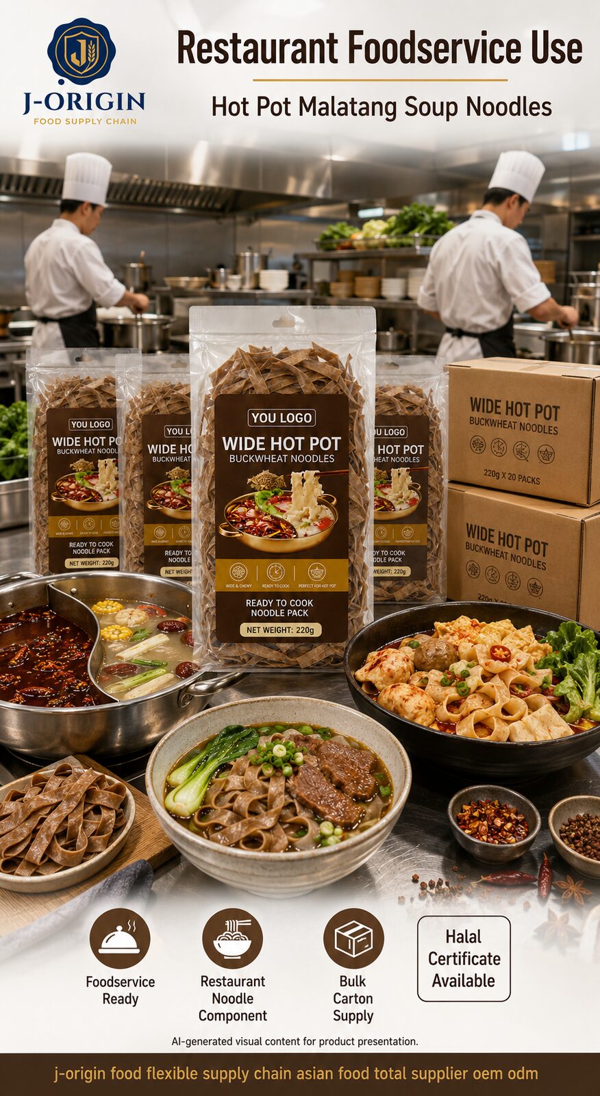 Wide Hot Pot Buckwheat Noodles | OEM Private Label | 220g Retail Pack | Halal | Ambient