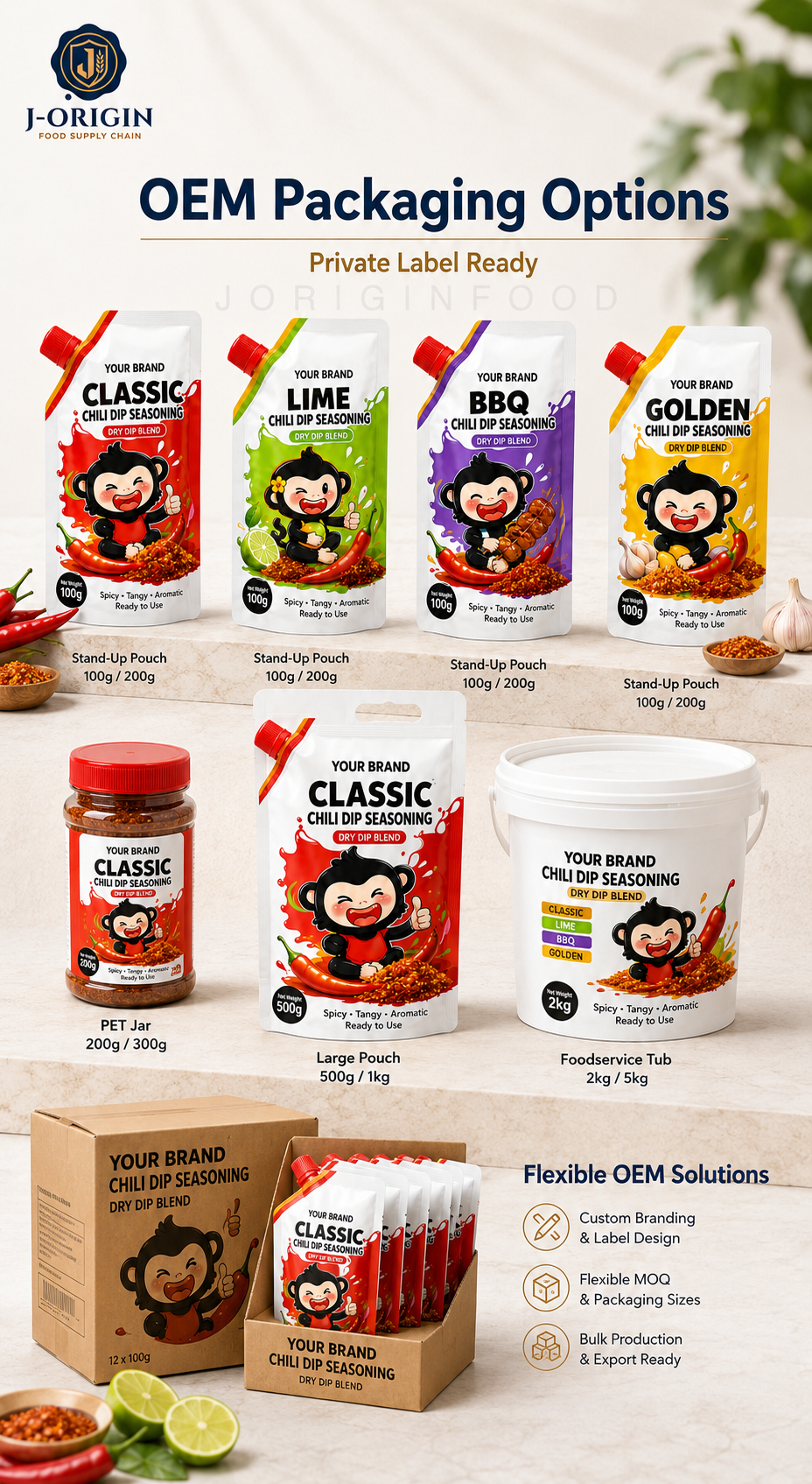 Southeast Asian Chili Dip Seasoning Powder | 4 Flavors — Classic · Lime · BBQ · Golden | OEM Private Label | 100g