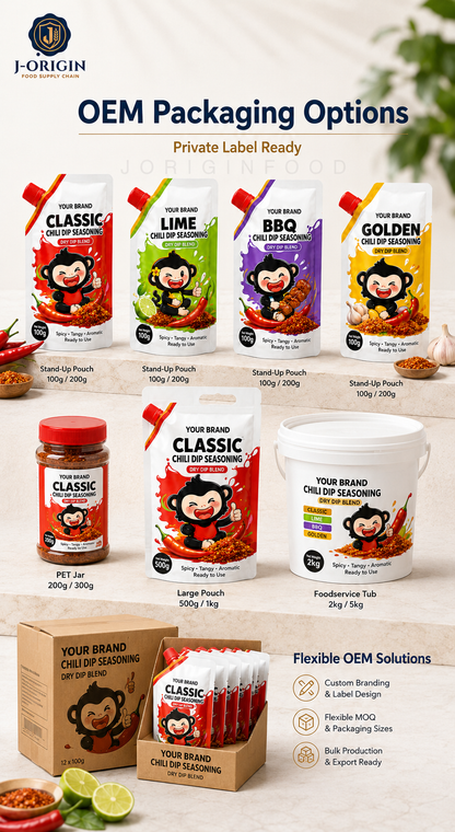Southeast Asian Chili Dip Seasoning Powder | 4 Flavors — Classic · Lime · BBQ · Golden | OEM Private Label | 100g