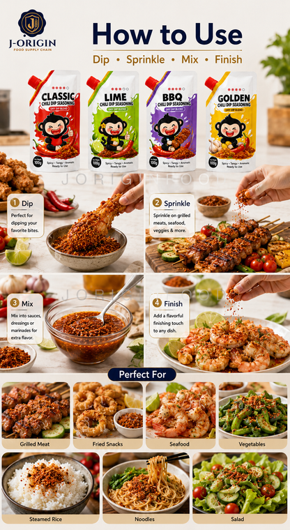 Southeast Asian Chili Dip Seasoning Powder | 4 Flavors — Classic · Lime · BBQ · Golden | OEM Private Label | 100g