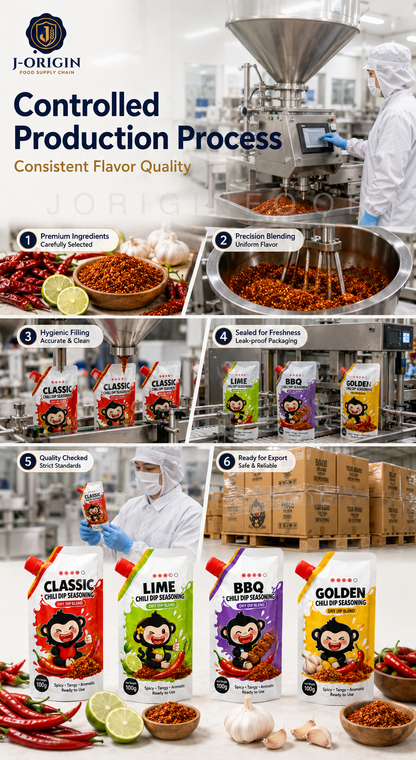 Southeast Asian Chili Dip Seasoning Powder | 4 Flavors — Classic · Lime · BBQ · Golden | OEM Private Label | 100g
