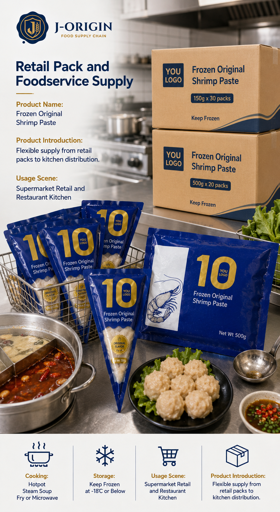 Frozen Shrimp Paste Original Flavor | Hotpot Seafood | Retail Pack & Foodservice Bulk Supply | OEM Private Label | 150g / 500g