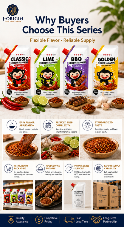 Southeast Asian Chili Dip Seasoning Powder | 4 Flavors — Classic · Lime · BBQ · Golden | OEM Private Label | 100g