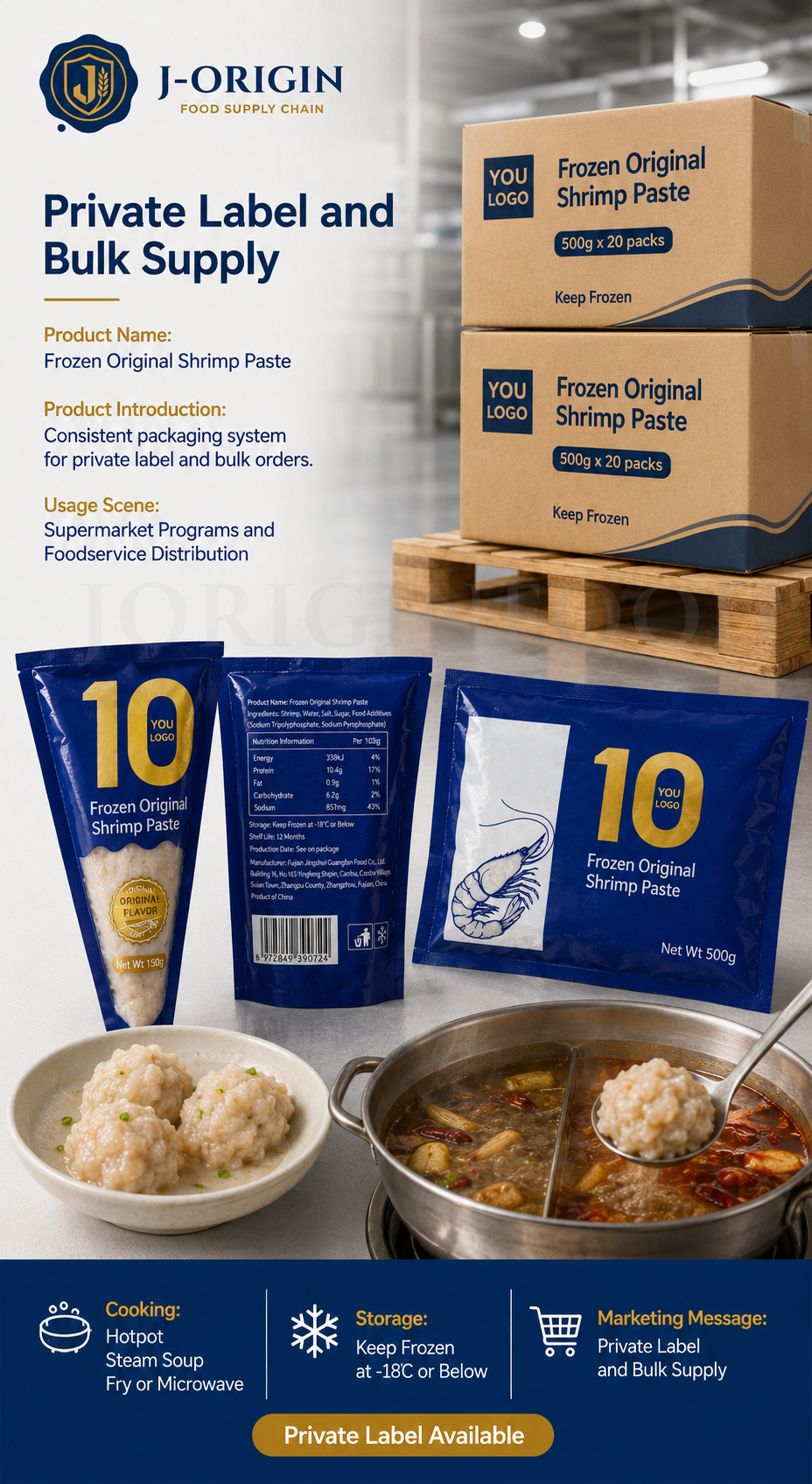 Frozen Shrimp Paste Original Flavor | Hotpot Seafood | Retail Pack & Foodservice Bulk Supply | OEM Private Label | 150g / 500g
