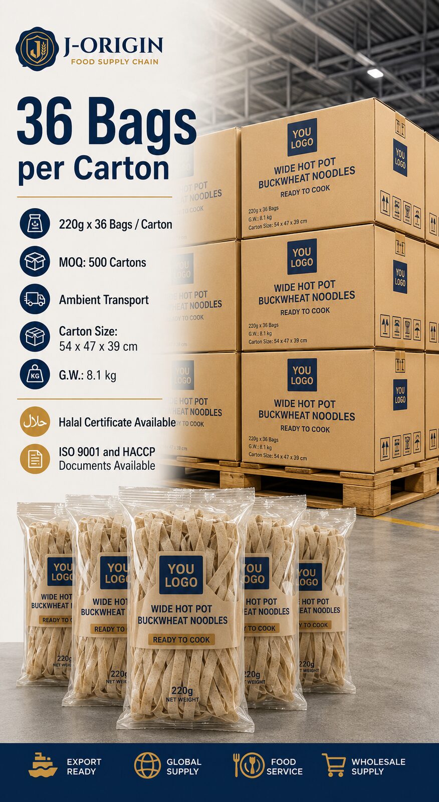 Wide Hot Pot Buckwheat Noodles | OEM Private Label | 220g Retail Pack | Halal | Ambient