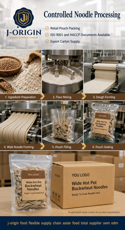 Wide Hot Pot Buckwheat Noodles | OEM Private Label | 220g Retail Pack | Halal | Ambient
