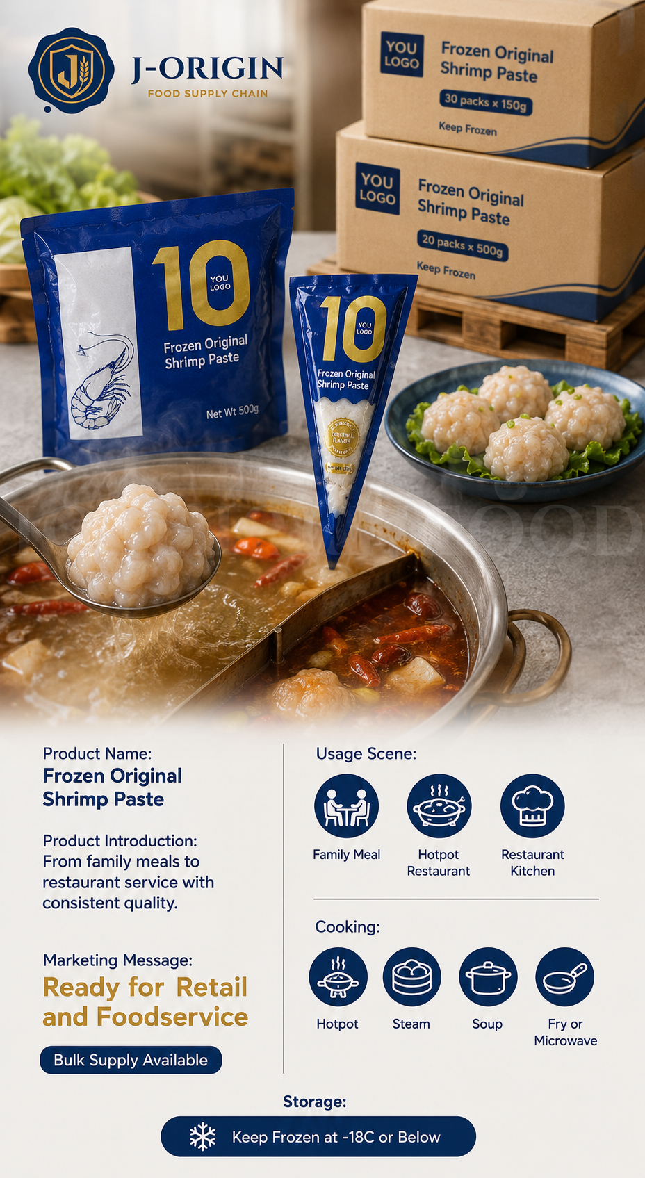 Frozen Shrimp Paste Original Flavor | Hotpot Seafood | Retail Pack & Foodservice Bulk Supply | OEM Private Label | 150g / 500g
