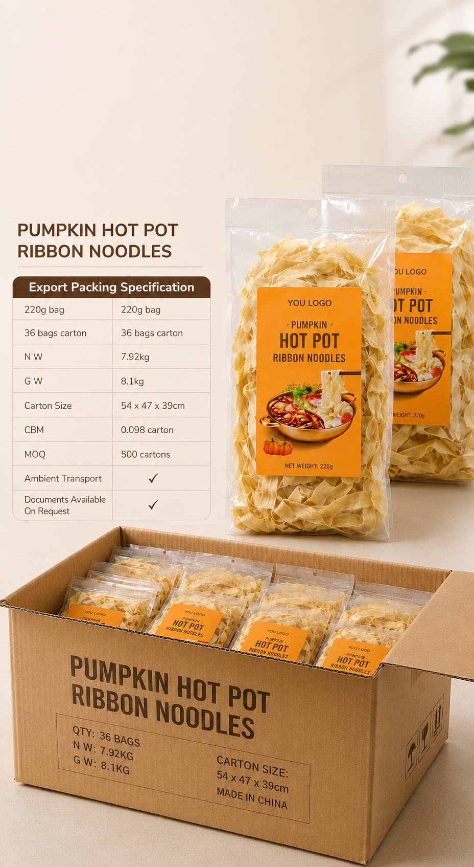 Pumpkin Hot Pot Ribbon Noodles — 220g Retail Bag | OEM Private Label