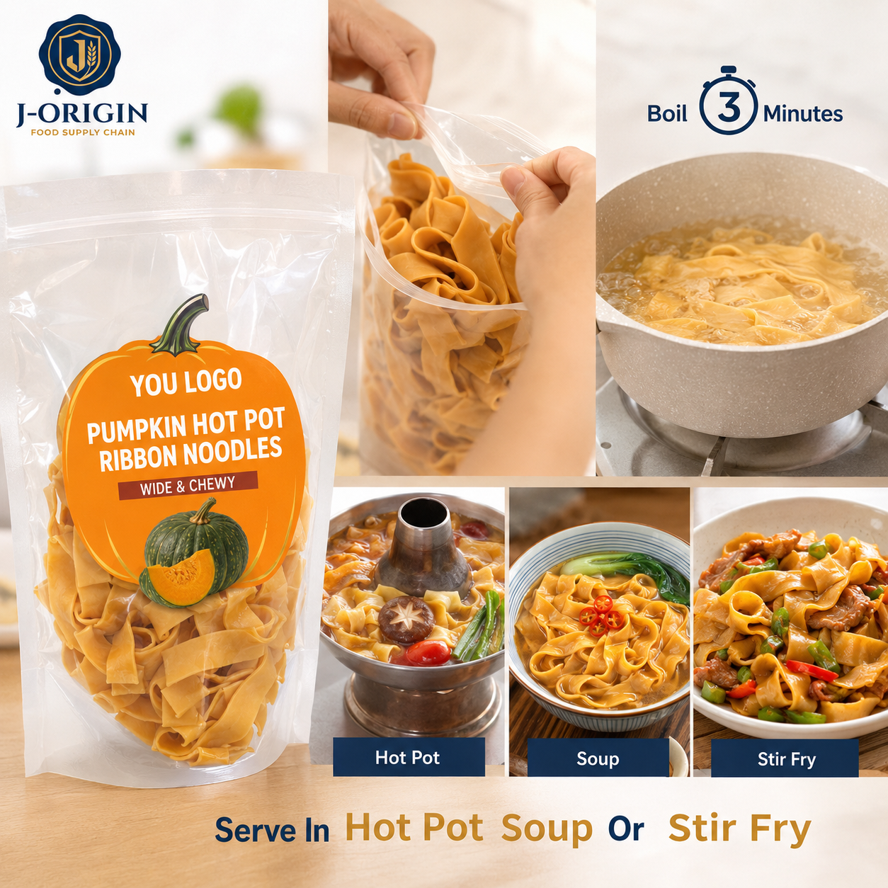 Pumpkin Hot Pot Ribbon Noodles — 220g Retail Bag | OEM Private Label