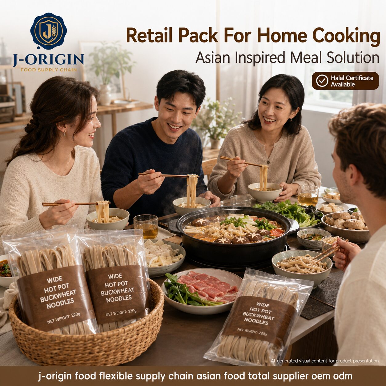 Wide Hot Pot Buckwheat Noodles | OEM Private Label | 220g Retail Pack | Halal | Ambient