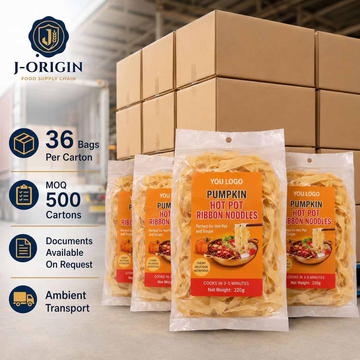 Pumpkin Hot Pot Ribbon Noodles — 220g Retail Bag | OEM Private Label