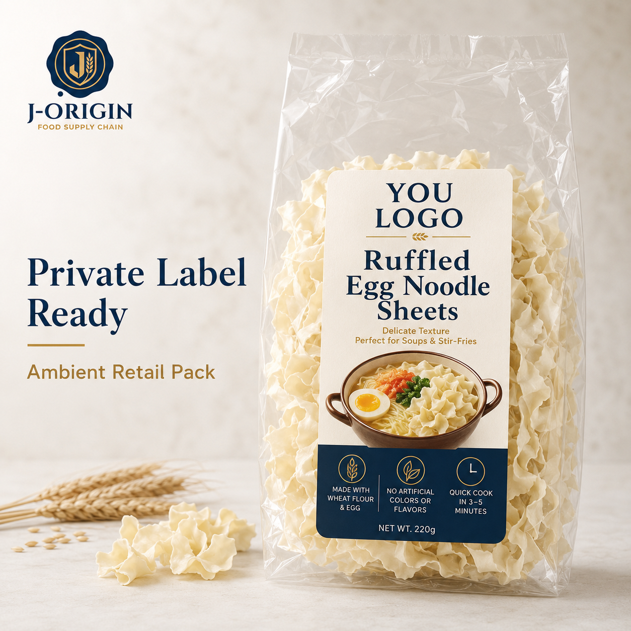 Ruffled Egg Noodle Sheets | Hot Pot & Noodle Soups | OEM Private Label | 220g