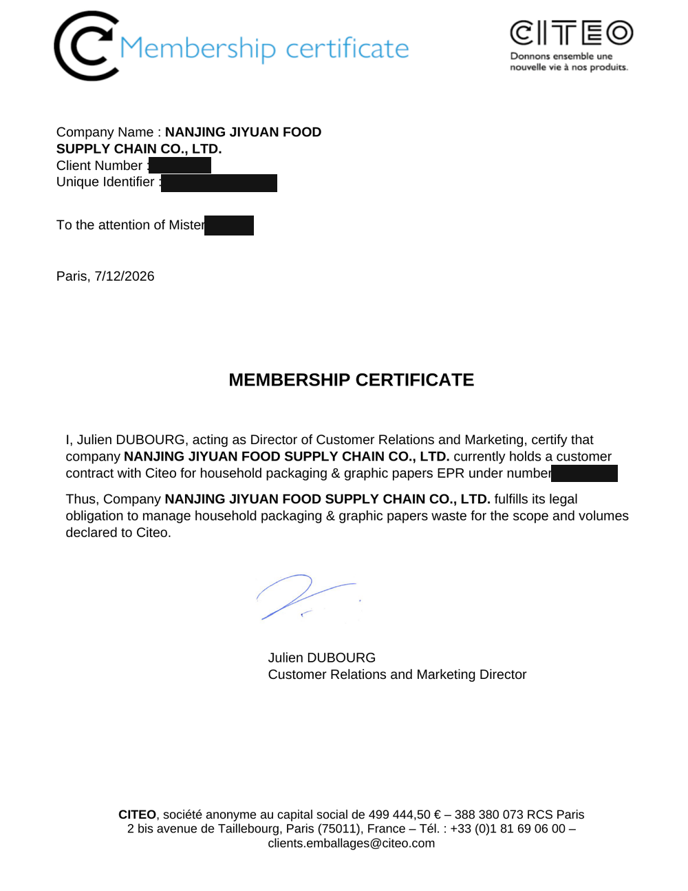 France Citeo EPR membership certificate for household packaging
