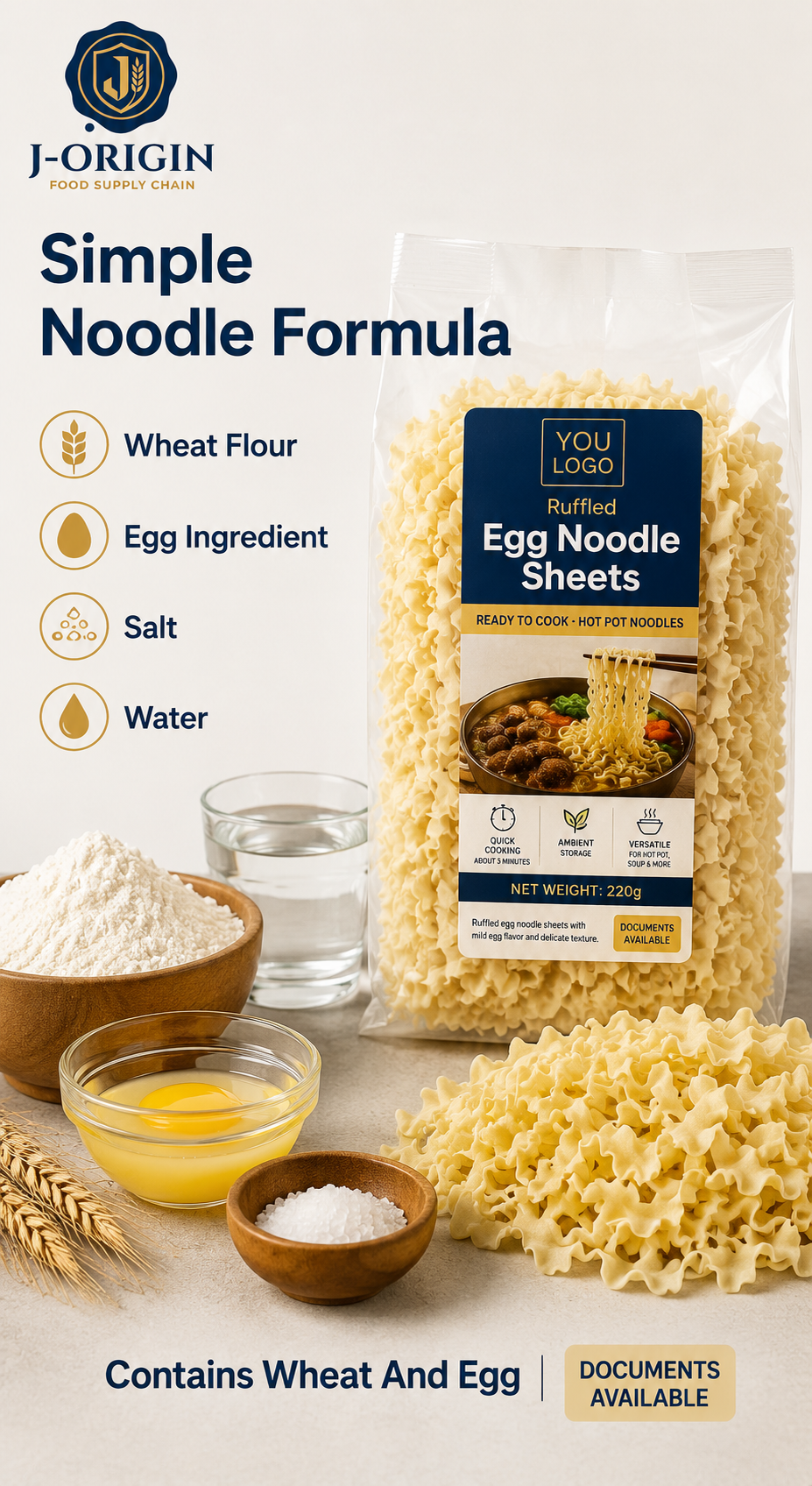 Ruffled Egg Noodle Sheets | Hot Pot & Noodle Soups | OEM Private Label | 220g