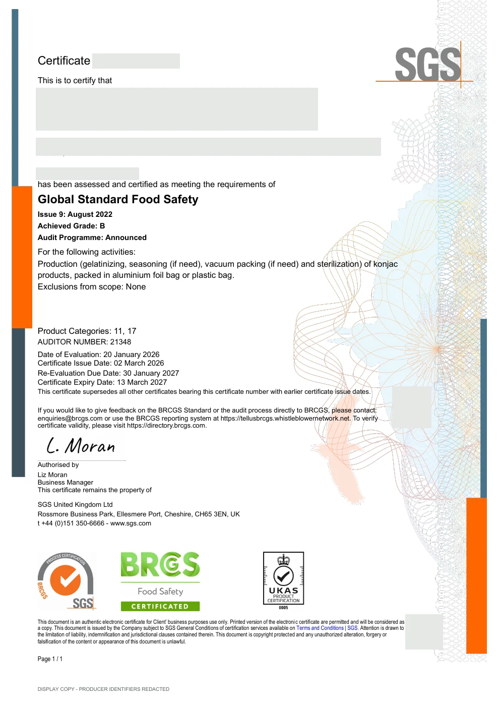 BRCGS Food Safety certificate for dried pumpkin product supply