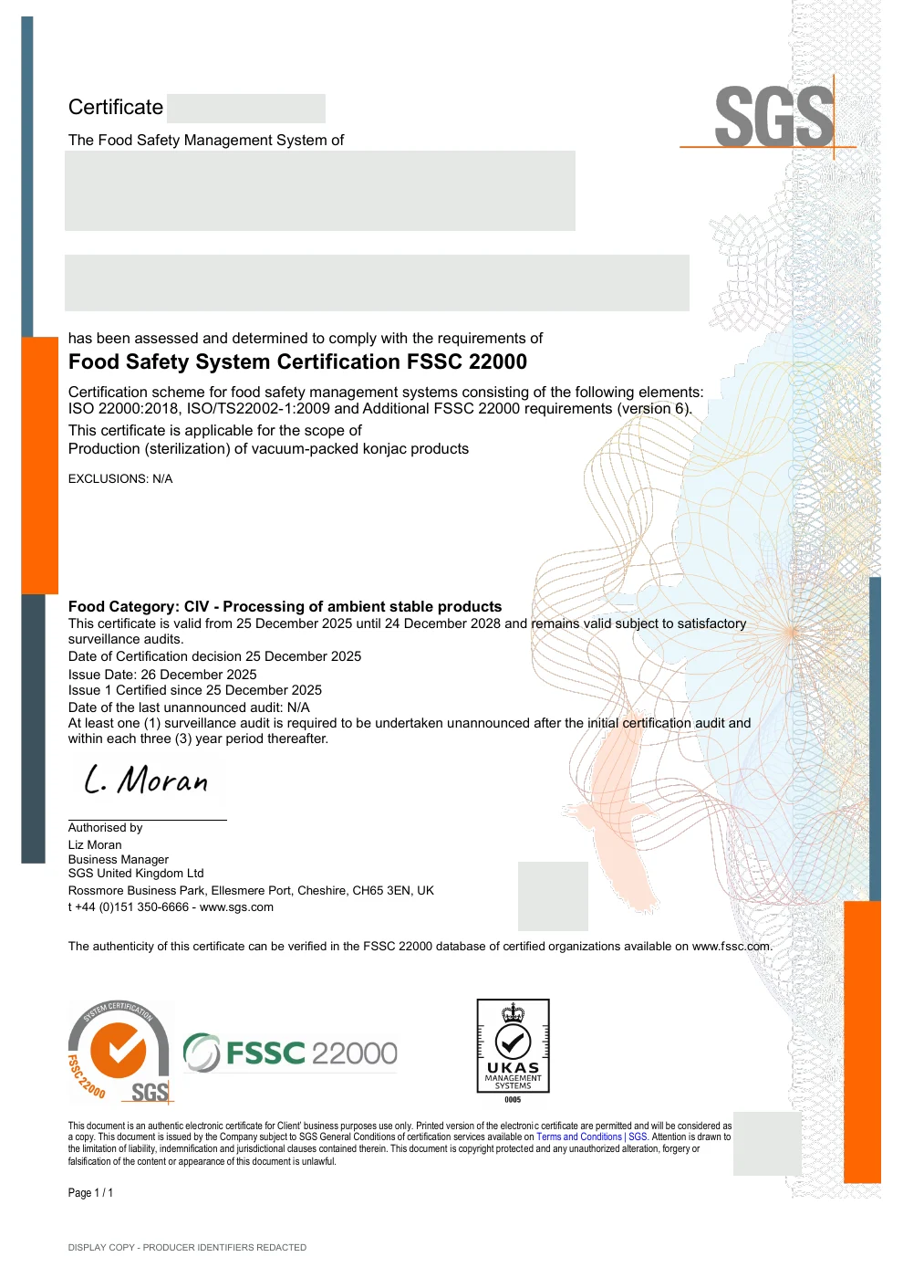 FSSC 22000 certificate for dried pumpkin product supply