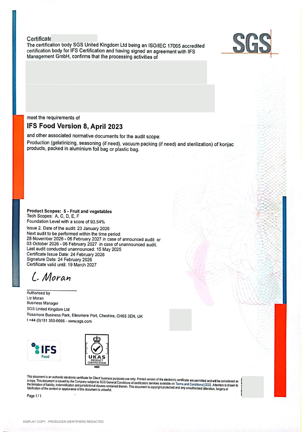 IFS Food certificate for dried pumpkin product supply