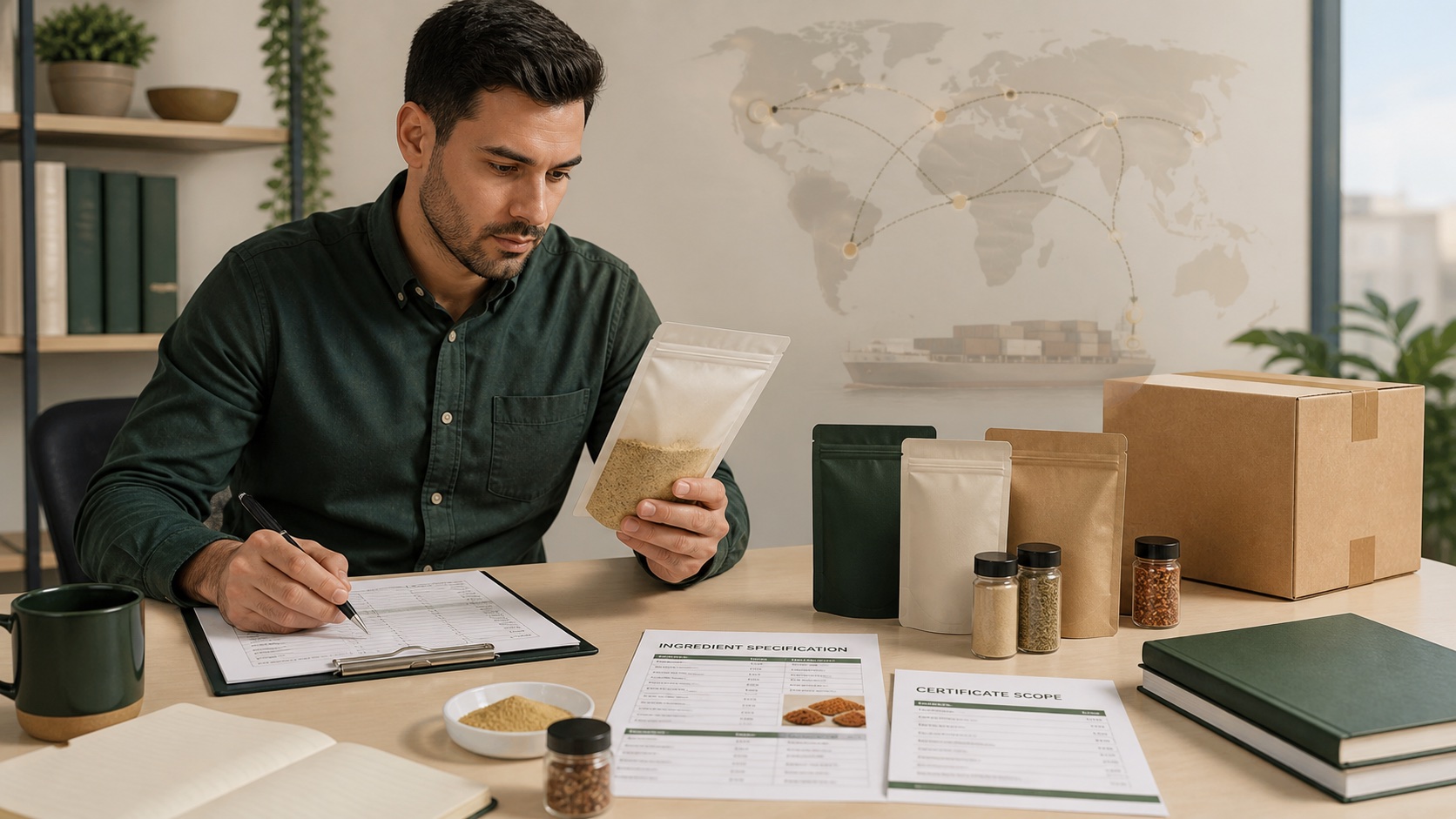Comprador avaliando uma amostra de tempero composto sem marca com documentos de ingredientes e escopo do certificado