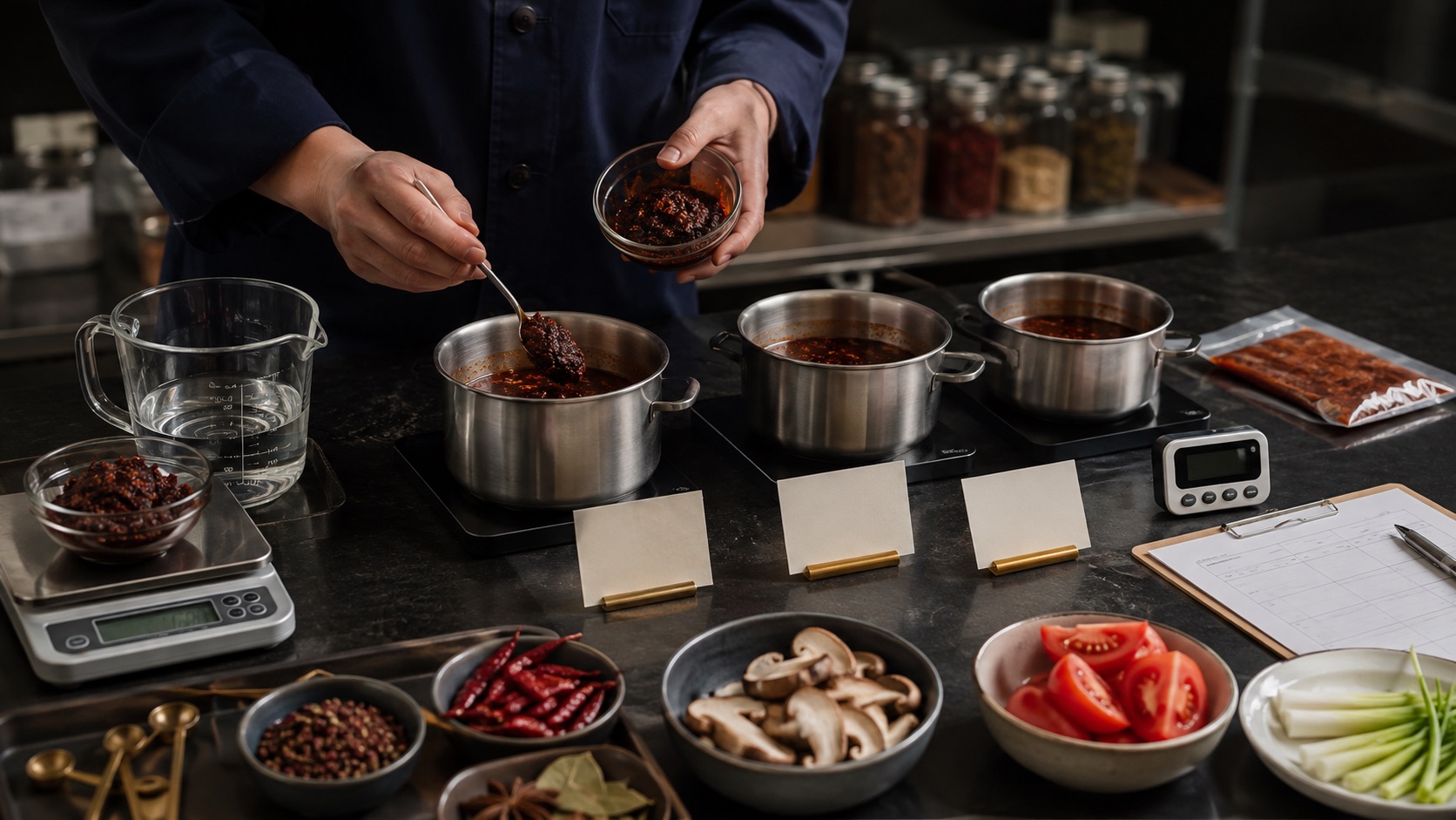 Three hot pot soup-base samples measured for an importer kitchen evaluation